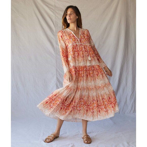 CHRISTY DAWN Paloma Midi Dress Sunset Gladiola Orange Pink Floral Size M - Picture 2 of 13